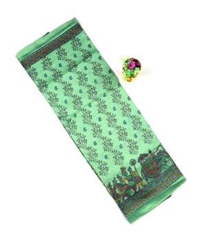 Light Green Madhubani Printed Saree with All-Over Motif Pattern