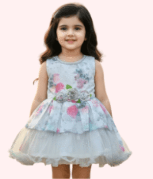 Sky Blue Net Party Frock with Floral Applique & Sleeveless Yoke