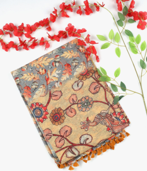 Beige Jute Silk Saree with Abstract & Figurative Print