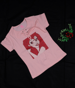 Girls Light Pink Cotton T-shirt with Disney Princess Graphic Print