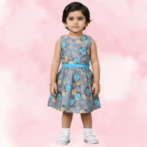 Grey & Blue Rayon Printed A-Line Frock with Contrast Ribbon Belt