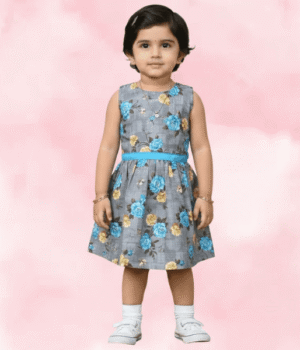 Grey & Blue Rayon Printed A-Line Frock with Contrast Ribbon Belt