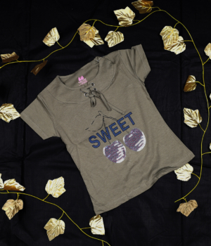 Olive Green Cotton Knit T-shirt with Tie-Up Neck