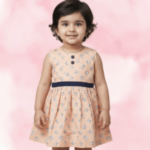 Light Pink Rayon Printed Frock with Sleeveless Pleated Neck