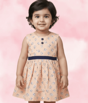 Light Pink Rayon Printed Frock with Sleeveless Pleated Neck