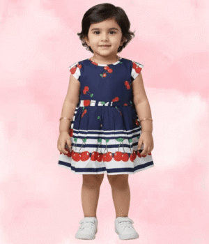 Navy Blue Pure Cotton Frock with Printed Yoke and Ruffle Sleeves