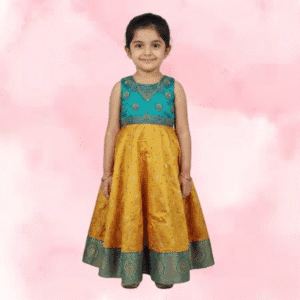 Girls Teal & Orange Tiered Fancy Frock with Zari Embroidered Yoke