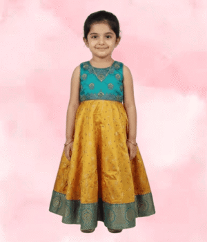 Girls Teal & Orange Tiered Fancy Frock with Zari Embroidered Yoke
