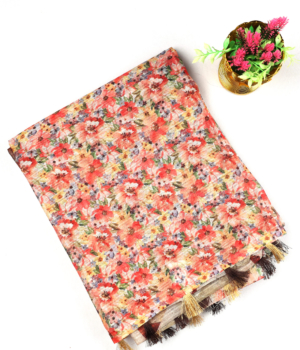 Red Jute Silk Saree with All-Over Tiny Floral Print