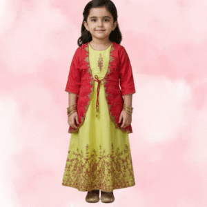 Kids Golden Yellow Frock with Brocade Bottom and Detachable Red Bolero Coat