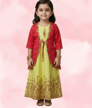 Kids Golden Yellow Frock with Brocade Bottom and Detachable Red Bolero Coat