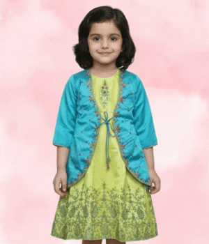 Girls Lime Green Frock with Floral Print and Detachable Aqua Blue Coat