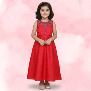 Red Silk Blend Anarkali Frock with Contrast Thread Embroidery