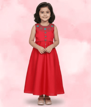 Red Silk Blend Anarkali Frock with Contrast Thread Embroidery