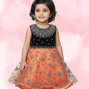 Rust Orange Grand Party Frock with Heavy Embellished Black Yoke