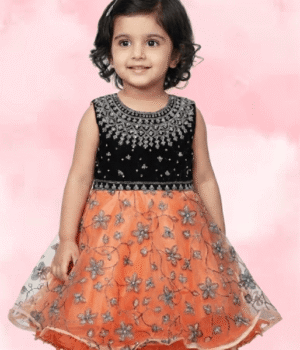 Rust Orange Grand Party Frock with Heavy Embellished Black Yoke