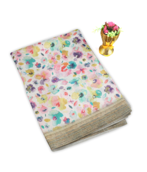 Multi-Color Jute Silk Saree with Soft Floral Watercolor Print