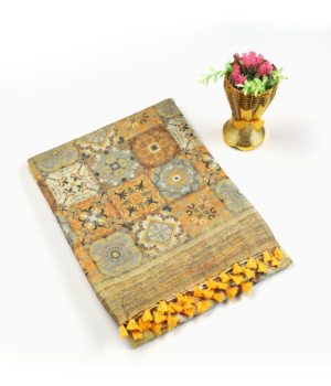 Yellow Jute Silk Saree with Traditional Patchwork Motifs