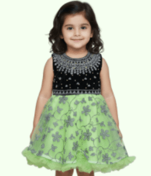 Lime Green Printed Net Frock with Black Sequin Yoke