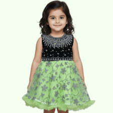 Lime Green Printed Net Frock with Black Sequin Yoke