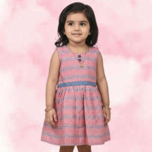 Pink & Grey Striped Rayon Frock with Contrast Blue Waistband