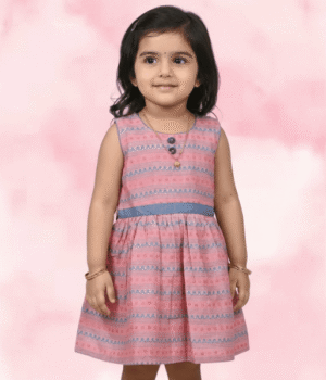 Pink & Grey Striped Rayon Frock with Contrast Blue Waistband