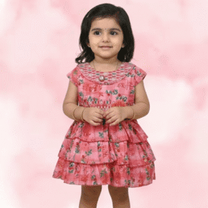 Pink Floral Print Layered Frock with Round Neck