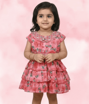 Pink Floral Print Layered Frock with Round Neck