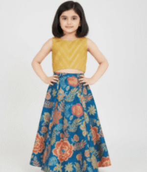Girls Mustard & Navy Blue Floral Print Lehenga Choli Set