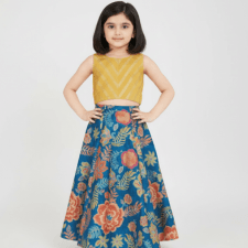 Girls Mustard & Navy Blue Floral Print Lehenga Choli Set