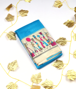 Aqua Blue Tussar Silk Saree with Traditional Mural Art Print