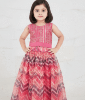 Kid Pink Sequin Choli Set with Multi-Color Floral Printed Skirt