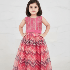 Kid Pink Sequin Choli Set with Multi-Color Floral Printed Skirt