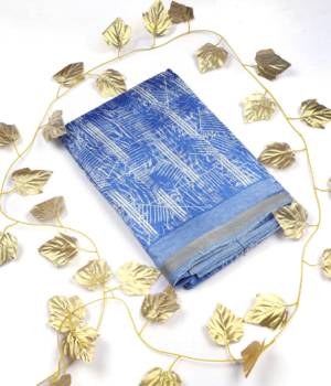 Bright Blue Fancy Print Saree with Abstract Woven Texture