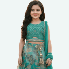 Kids Teal Blue Embroidered Choli Set with Embellished Dupatta