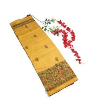 Mustard Yellow Madhubani Printed Fancy Saree with Gold Woven Border