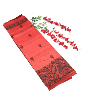 Coral Red Madhubani Printed Fancy Saree with Traditional Border