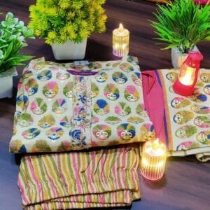 Multi-Color Floral Pattern Round Neck Cotton Kurti Set