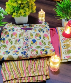 Multi-Color Floral Pattern Round Neck Cotton Kurti Set