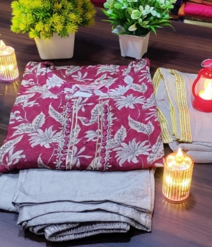 Rose-Toned Block-Print V-Neck Cotton Kurta