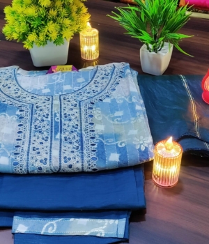 Sky Blue Abstract Pattern Split-Neck Cotton Kurti Set