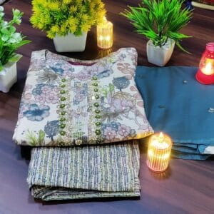 Off-White Floral Pattern Round Neck Cotton Kurti Set