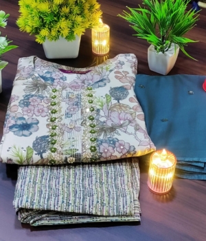 Off-White Floral Pattern Round Neck Cotton Kurti Set