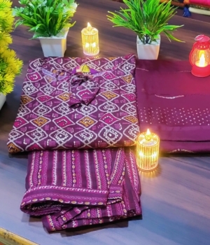 Round Neck Tie- Cotton Suit Set in Deep Purple