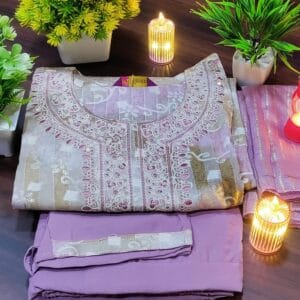 Lilac Patterned Round Neck Cotton Kurti Set