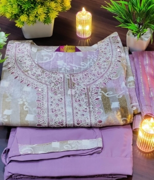 Lilac Patterned Round Neck Cotton Kurti Set