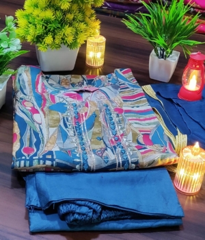 Multi-Color Print Round Neck Cotton Kurti Set