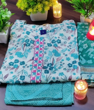 Aqua Floral Pattern Round Neck Cotton Kurti Set
