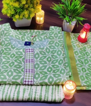 Light Green Patterned Round Neck Cotton Kurti Set