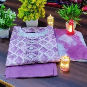 Lilac Geometric Pattern Round Neck Cotton Kurti Set